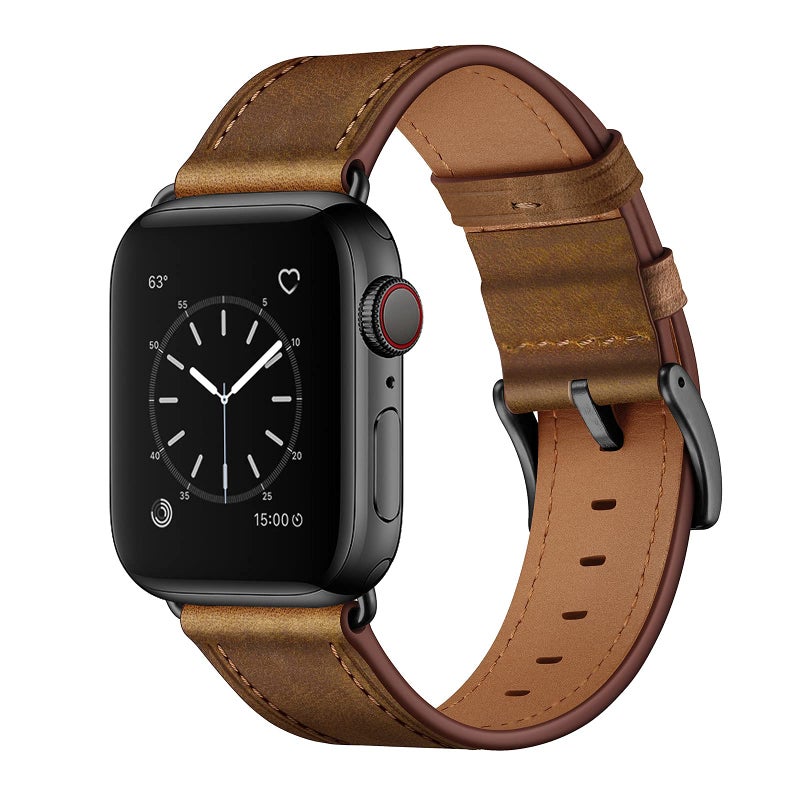 OUHENG Leather Bands Compatible with Apple Watch Band 49mm/46mm/45mm/44mm/42mm, Genuine Leather Strap for iWatch Series 11/10/9/8/7/6/5/4/3/2/1 & Ultra 3/2/1 & SE3 SE2 SE, Retro Dark Brown/Black - Image 1